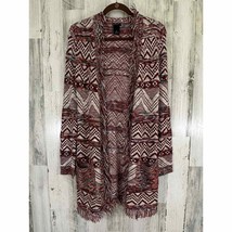 New Direction Open Front Cardigan Sweater Medium Burgundy Aztec Boho Fringe - $17.29