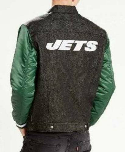 Primary image for Mens Jacket NFL Football Levis NY Jets Black Green Denim Varsity Trucker $158- L