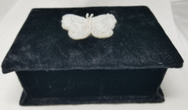 Beaded Butterfly Velour Jewelry Box Black Rectangle Mirror 1970s Vintage - $15.15