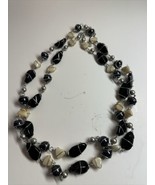 Caged GLASS Bead NECKLACE Vintage Odd Shapes Long Black &amp; Cream  Silvert... - £25.73 GBP