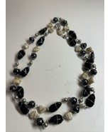 Caged GLASS Bead NECKLACE Vintage Odd Shapes Long Black &amp; Cream  Silvert... - $32.71