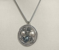 Large Faux Pearl Rhinestone Silver Tone Pendant on 11” Chain - $15.00