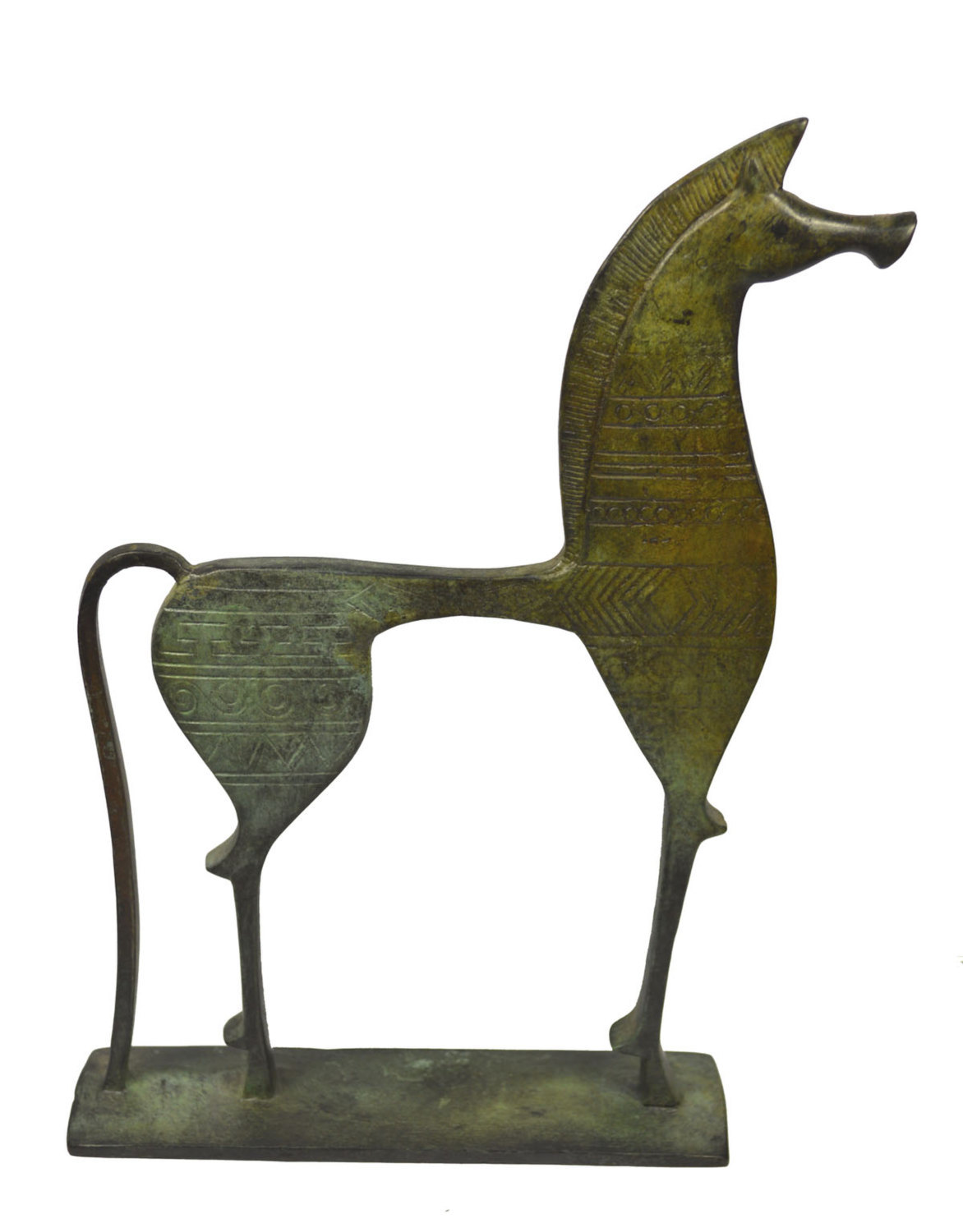 Horse statue with geometric carvings ancient Greek bronze reproduction sculpture - $99.00