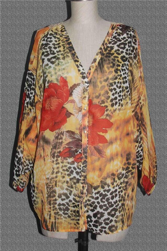 Buffalo Fiery Flowers Leopard Print Semi-Sheer Crocheted Back Blouse Wm&#39;... - $19.99