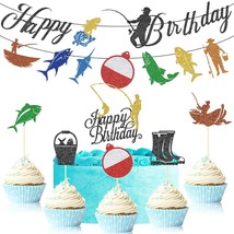 43 Pieces Fish Happy Birthday Banner Glitter Fish Sign Banner Gone Fishing Cupca - £19.54 GBP