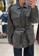 ZARA BNWT 2025. GREEN MARL FAUX LEATHER JACKET SAFARI POCKETS BELT. 4341... - $107.75