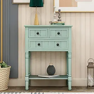 Merax (Retro Blue Wood Rustic Console Table with Drawers and Bottom Shel... - £230.40 GBP