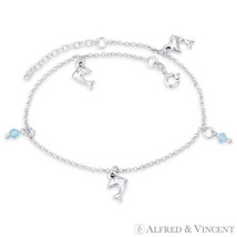 Dolphin, Crystal Bead &amp; 1.8mm Rolo Chain Italy .925 Sterling Silver Charm Anklet - £22.27 GBP