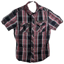 Western Red Plaid Rebel Soul Shirt Medium Black Button Up Short Sleeve Mens - £12.07 GBP