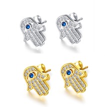 Small Silver Gold CZ Crystal Hamsa Hand Stud Earrings Protection Jewelry Gift - £7.96 GBP