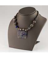Antique Silver Beaded Necklace with Lapis Accents and Enamel Pendant - $1,154.18 CAD