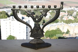 Happy Chanuka Old Vintage Judaica Hanukkah Jewish Menorah Brass Bronze Israel - £52.03 GBP