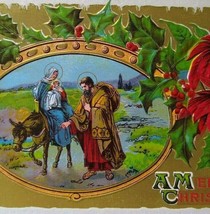 Christmas Postcard Series 438 Holy Family Baby Jesus Donkey Poinsettia Embossed - £8.85 GBP