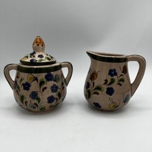Mexican Set (2) Floral Sugar and Creamer Tonala Mexico Pottery Signed CAT B 2 - £37.33 GBP