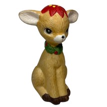 Vintage 1970s Bisque Reindeer figurine 3.5 in Christmas Decor Poinsettia - £8.77 GBP