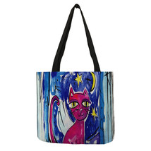 Cute Cat Print Tote Handbag for Women Ladies Linen Cloth Shoulder Bag Outdoor Ca - £13.79 GBP