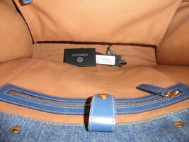 Versace Gold Logo La Medusa  Fabric Calf Leather  Denim  Blue Large Tote Bag image 6