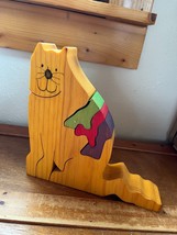 Handmade Artist Signed &amp; Dated Carved Wood Kitty Cat w Colorful Jigsaw Puzzle  - £8.97 GBP