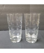 2 Geometric Drinking Glasses Vintage Clear Etched Squares Bands Highball... - £10.96 GBP