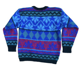 Vintage 80s 90&#39;s Sweater Mohair Gallagher Nordic Style Jewel Tones Crew Neck M - £19.94 GBP