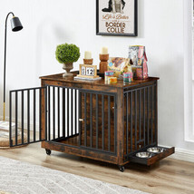 Furniture Style Dog Crate Side Table With Feeding Bowl, Wheels, Three Doors - £185.89 GBP