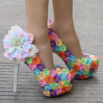 Handmade Women Wedding Shoes Round Colorful Lace Flowers High Heel Elegant Brida - £83.98 GBP