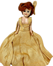 1950's Hard Plastic Doll Sleep Eyes Red Hair Gold Shimmer Gown Dress - 8" Tall image 9
