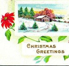 Christmas Greetings Pointsettias Cabin Scene Gilt Embossed 1918 Postcard - £3.14 GBP