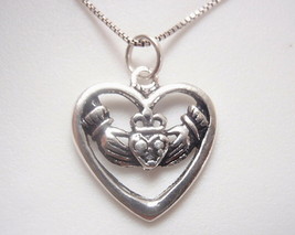 Celtic Claddagh in Heart 925 Sterling Silver Necklace love loyalty friendship - £8.50 GBP
