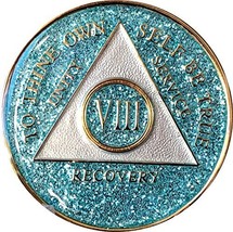 8 Year AA Medallion Aqua Blue Glitter Tri-Plate Turquoise Bling Bling Chip VIII - £15.02 GBP