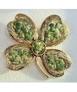 Vintage Artistic Clover Brooch Gold Tone Green Stone Chip Inlay 2” Signed - $12.99