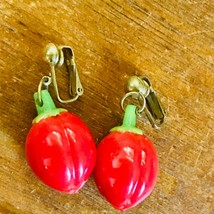 Vintage Hong Kong Signed Red Plastic Tomato Fruit Dangle Clip Earrings – marked - £8.86 GBP
