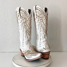 Lane DOLLY White Cowboy Boots Womens 7.5 Gold Bling Snip Toe Western Bridal Tall - $1,089.00