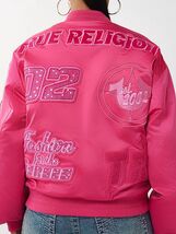 True Religion Womens Small Crystal Logo Nylon Bomber Jacket Boysenberry Pink  image 2