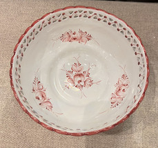Vintage Portugal Pottery Pink Floral  Bowl Hand Painted Flowers #346 - £39.56 GBP