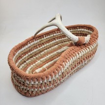 Vintage Handmade Crochet Woven Fabric Basket Deer Antler Handle7.5x16.5 Inches - £14.58 GBP