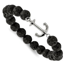 Stainless Steel Polished with Black Lava Stone Anchor Stretch Bracelet - £33.28 GBP