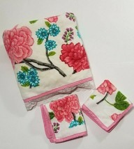 3 Pink Floral Bath Towel and Washcloths Thick Blue Pink Trim Lace Edge Set - £11.57 GBP