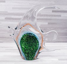 Hand Blown Art Glass Tropical Angel Fish Paperweight Figurine Clear Green - $24.27