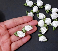 Approx 1 inch / 2.5cm Length 50 pcs Handmade White &amp; Green Satin Rose Flower C87 - £5.58 GBP