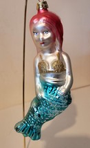 Cute Pink Hair Blown Glass Mermaid Christmas Ornament In Gold Sparkle Bikini Top - £22.08 GBP