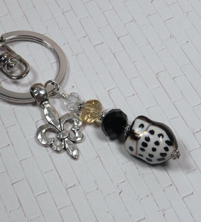 Primary image for Owl Black Gold Ceramic Crystal Silver Fleur De Lis Keychain Purse Charm New
