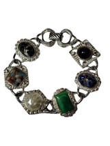 Vtg Sarah Coventry Signed Faux Green Jade/Pearl Silver Tone Bracelet 7.5” - £27.54 GBP
