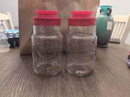 Set of Two Vtg Anchor Hocking Clear Glass Jar 1776 W/ Red Plastic Screw ... - $24.75