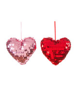 Valentines Day Sequin Plush Heart Set of 2  Red Pink Ornaments Decorations - £11.81 GBP
