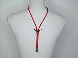 Vintage Western Steer Head Bolo Tie Heavy Silver Tone Brass Tips 16&quot; Red Cord - £21.55 GBP