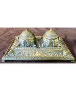 Antique Old Cast Metal Brass Desk Top Inkwell Art Nouveau Two Wells w/ I... - $111.40 CAD