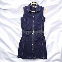 Vintage 90s Isaac Mizrahi Dress Medium Belted Button-Down Navy-Blue White Stitch - $40.19