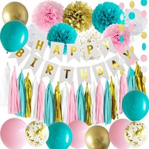 Teal Blue And Pink Happy Birthday Party Decorations White Blush Gold Gender Neut - £22.37 GBP