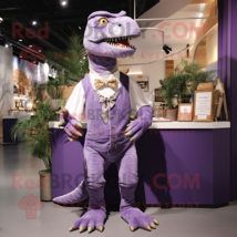 Lavender T Rex mascot costume character dressed with a Waistcoat and Coin purses - £962.40 GBP